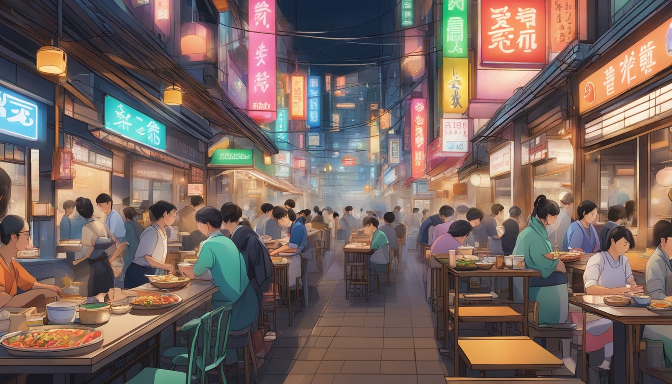 A bustling Shinjuku restaurant with neon signs, steam rising from sizzling grills, and a colorful array of Japanese dishes on display