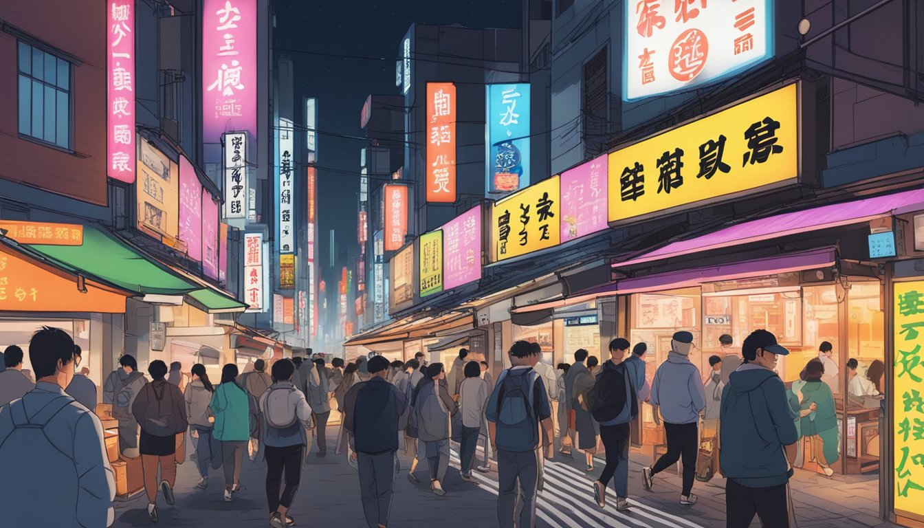 People bustling through neon-lit streets, passing by steaming ramen shops and sizzling yakitori stalls in Shinjuku