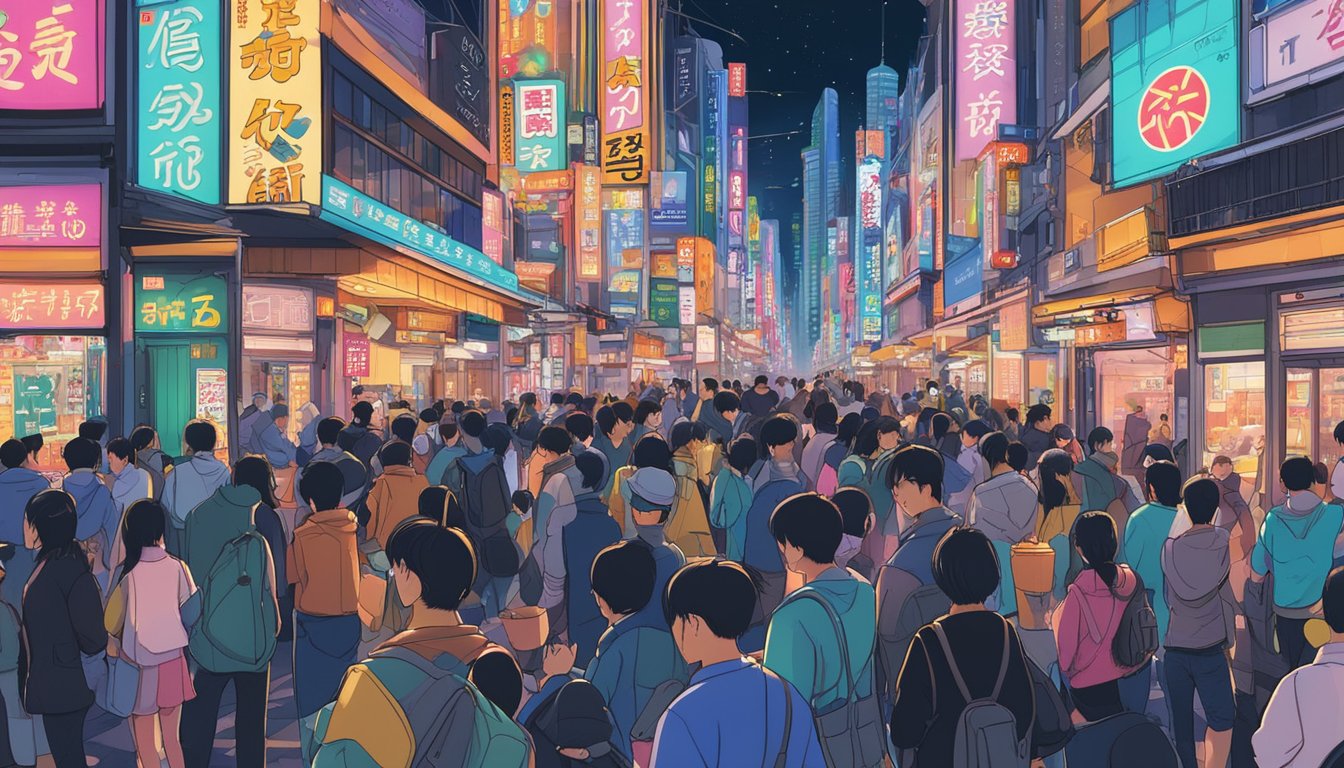 The bustling streets of Shinjuku are aglow with neon lights, as people spill out of vibrant restaurants and bars, creating a lively and energetic atmosphere