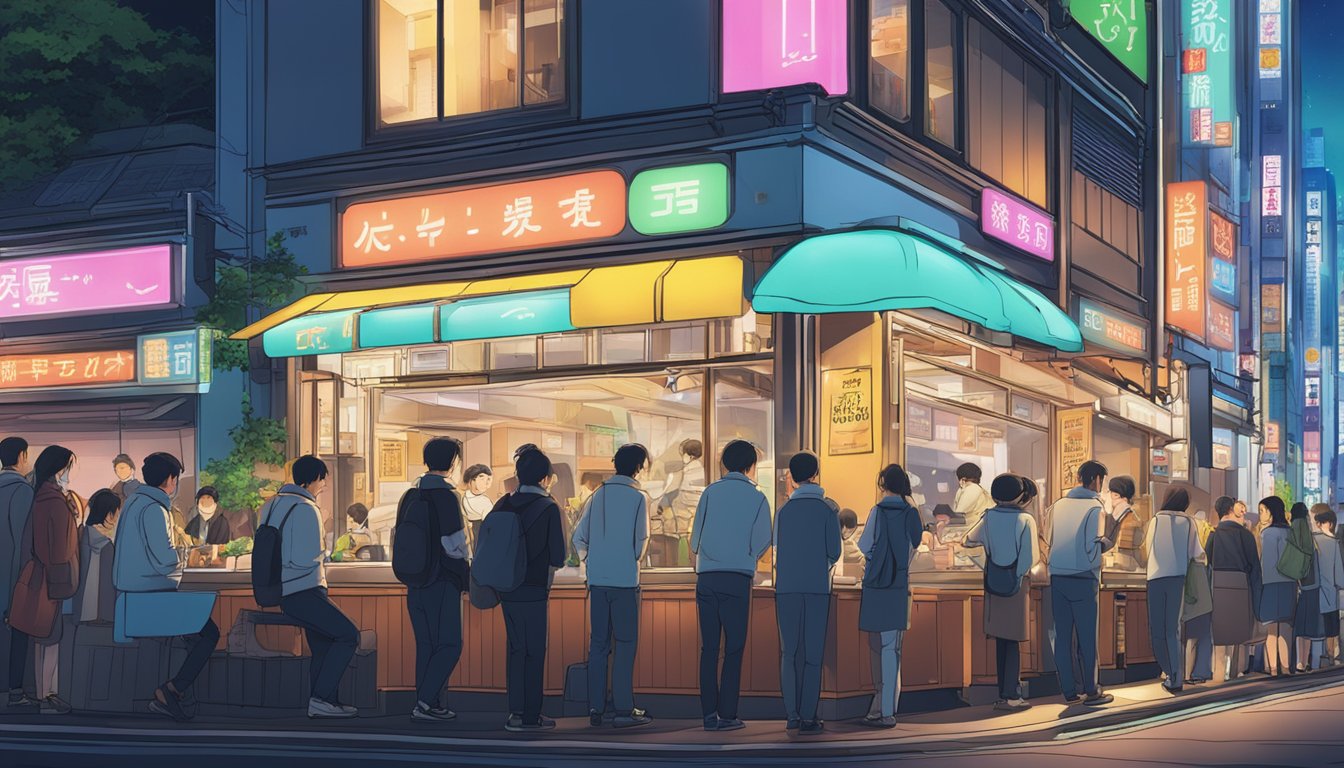 A bustling restaurant in Shinjuku, with colorful signage and a line of customers waiting outside under the glow of neon lights