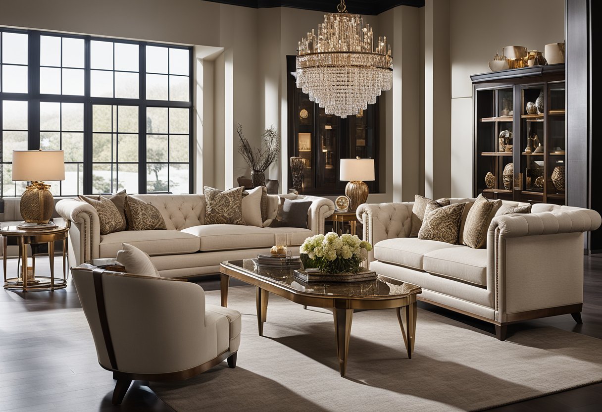 Luxurious furniture pieces arranged in a spacious showroom, bathed in natural light. Rich textures and intricate details adorn each item, showcasing Baker Furniture's exquisite collections