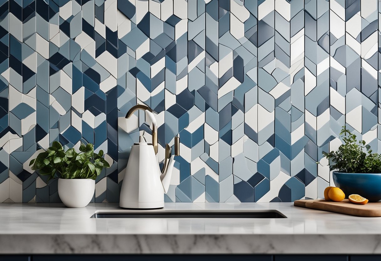 A modern kitchen with sleek white countertops, adorned with geometric patterned tiles in shades of blue and gray. The tiles are arranged in a herringbone pattern, adding visual interest to the space