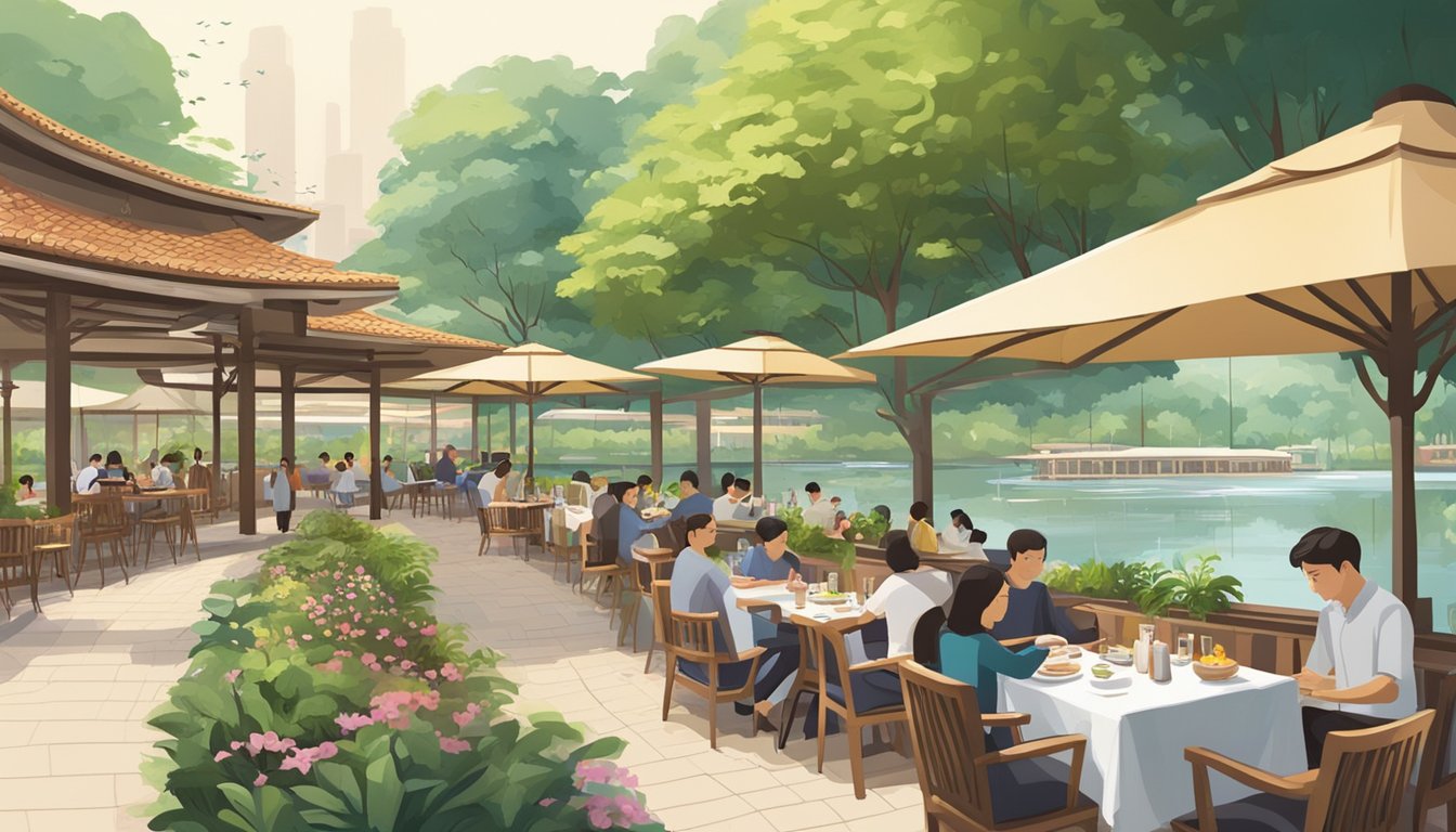 A bustling restaurant in Bishan Park, with outdoor seating, lush greenery, and a serene river flowing nearby