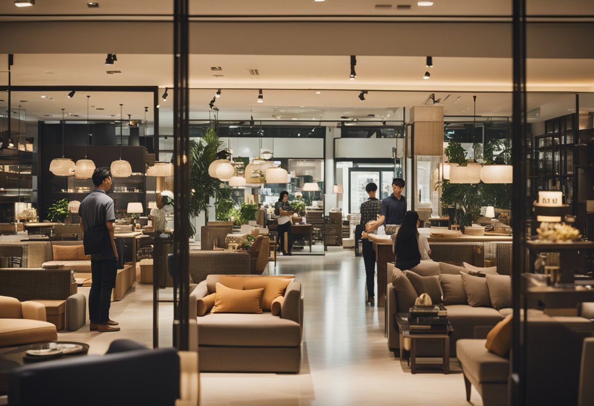 A bustling furniture store in Singapore with customers browsing, a display of elegant Baker furniture, and a sign reading "Frequently Asked Questions."