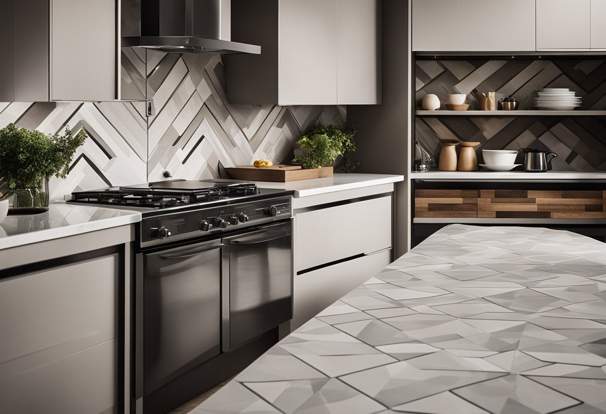 A modern kitchen countertop with sleek ceramic tiles in a geometric pattern, featuring a mix of neutral colors and metallic accents
