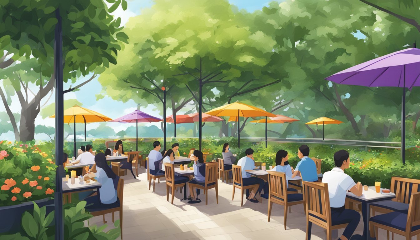 Lush greenery surrounds outdoor dining area with colorful umbrellas at Bishan Park restaurants