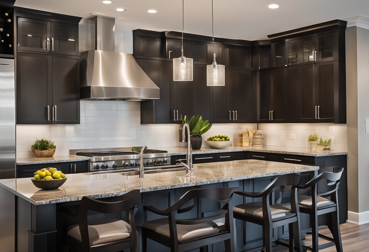A modern kitchen with sleek granite countertops, a large island with matching granite, stainless steel appliances, and pendant lighting