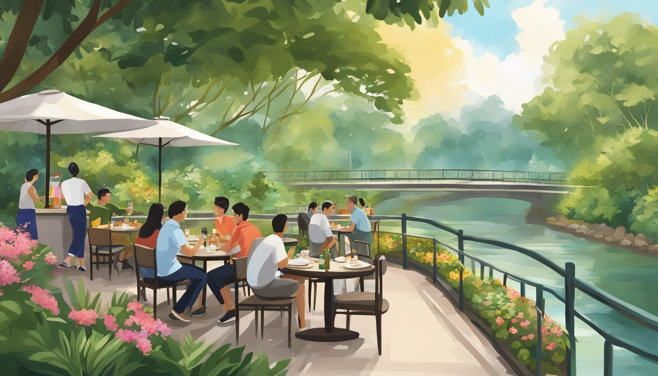 Visitors at Bishan Park restaurant enjoy outdoor dining by a serene river, surrounded by lush greenery and beautiful landscaping