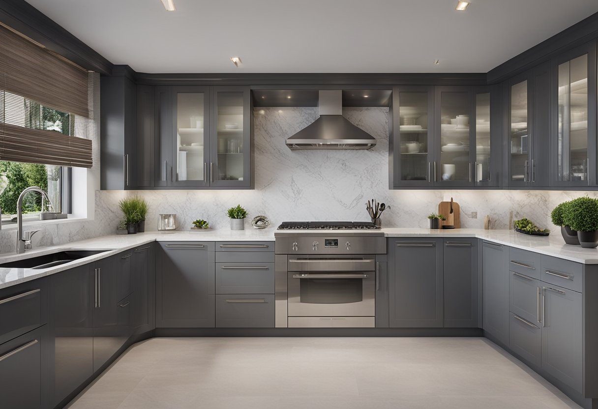 The kitchen cabinets are sleek and modern, with a glossy finish. The countertops are made of granite, with a marbled pattern in shades of grey and white