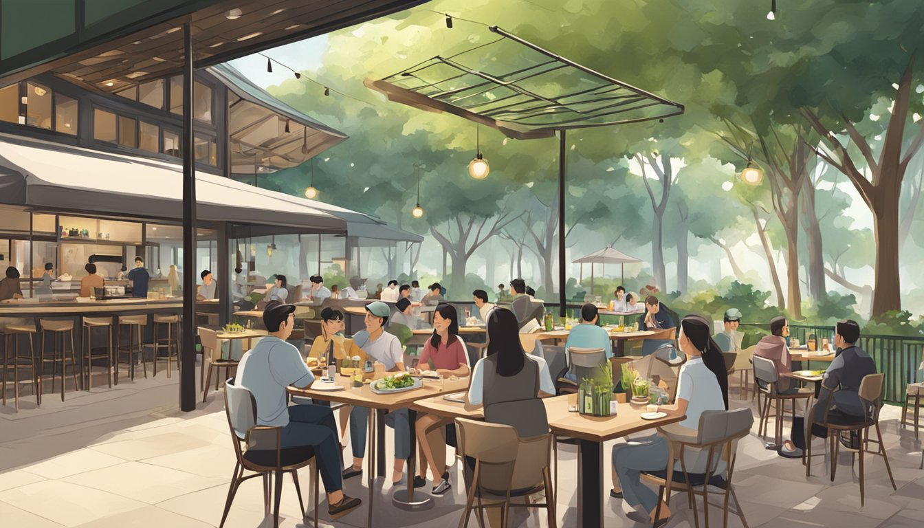 A bustling restaurant in Bishan Park, with outdoor seating and lush greenery. Patrons enjoy meals while staff attend to tables and take orders