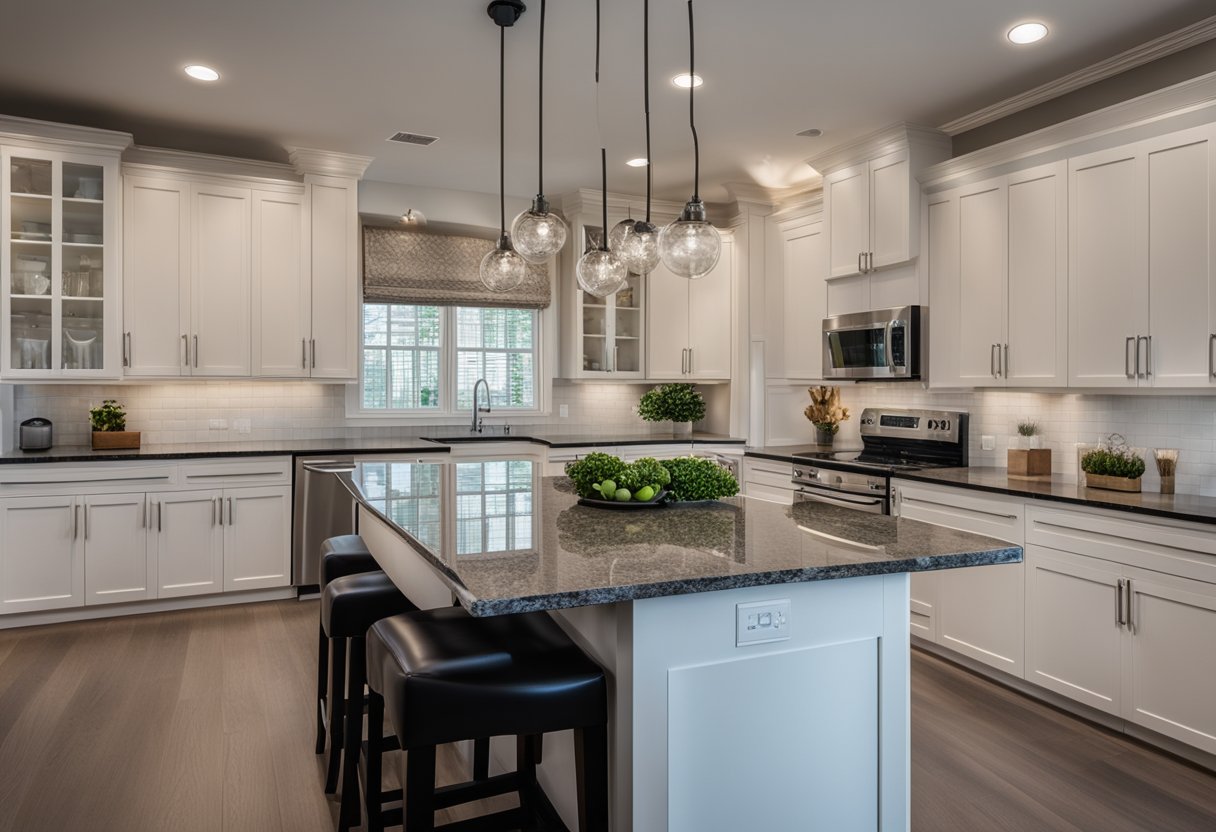A modern kitchen with sleek granite countertops, stainless steel appliances, and a large island for cooking and entertaining