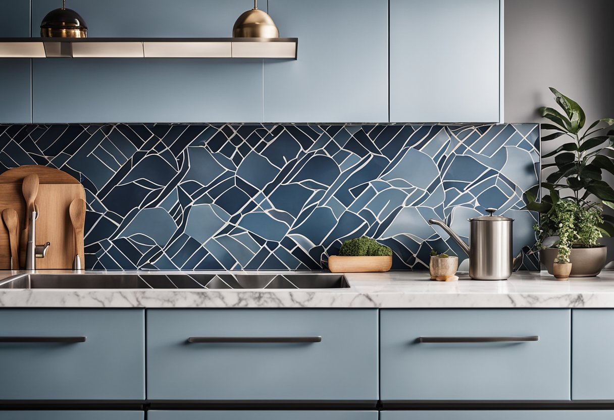 A modern kitchen with sleek, white marble countertops adorned with geometric patterned tiles in shades of blue and gray. The natural light floods the space, highlighting the smooth, polished surfaces and creating a sense of elegance and functionality