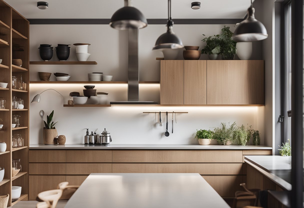 Sleek, minimalist kitchen with clean lines, natural materials, and ample natural light. Open shelving, smooth surfaces, and neutral colors create a calming, uncluttered space