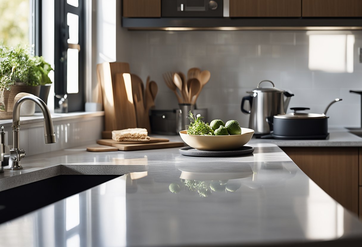 A granite countertop with a sleek, polished surface, adorned with a variety of kitchen utensils and appliances, bathed in natural sunlight streaming in through a nearby window