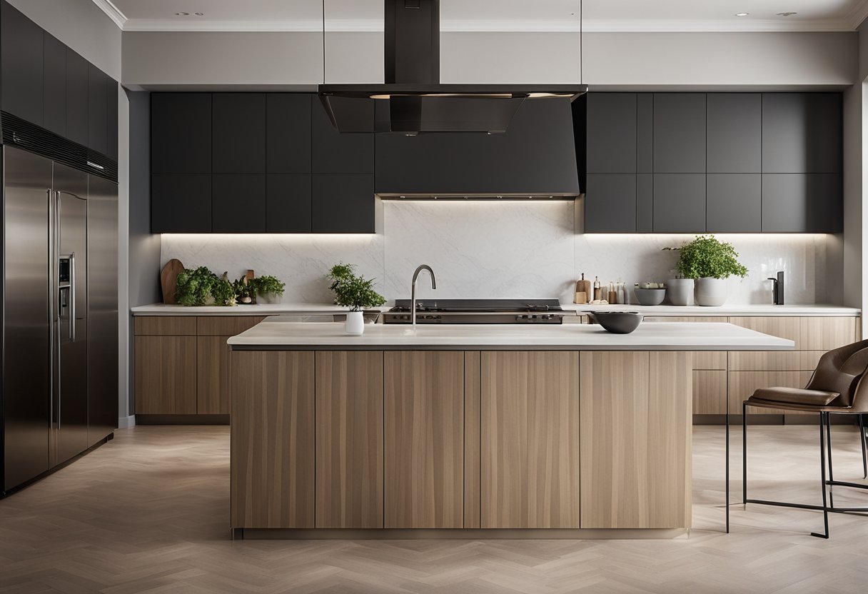 The sleek, modern kitchen features elegant countertops and backsplashes, with clean lines and sophisticated designs
