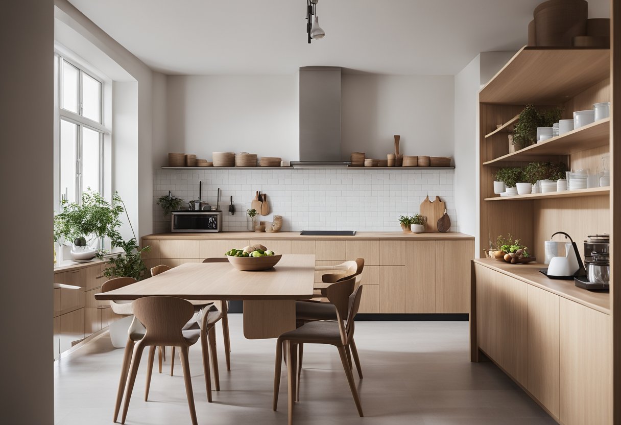 A minimalist kitchen with clean lines, neutral colors, and natural materials. Simple, uncluttered layout with ample natural light and strategic use of negative space