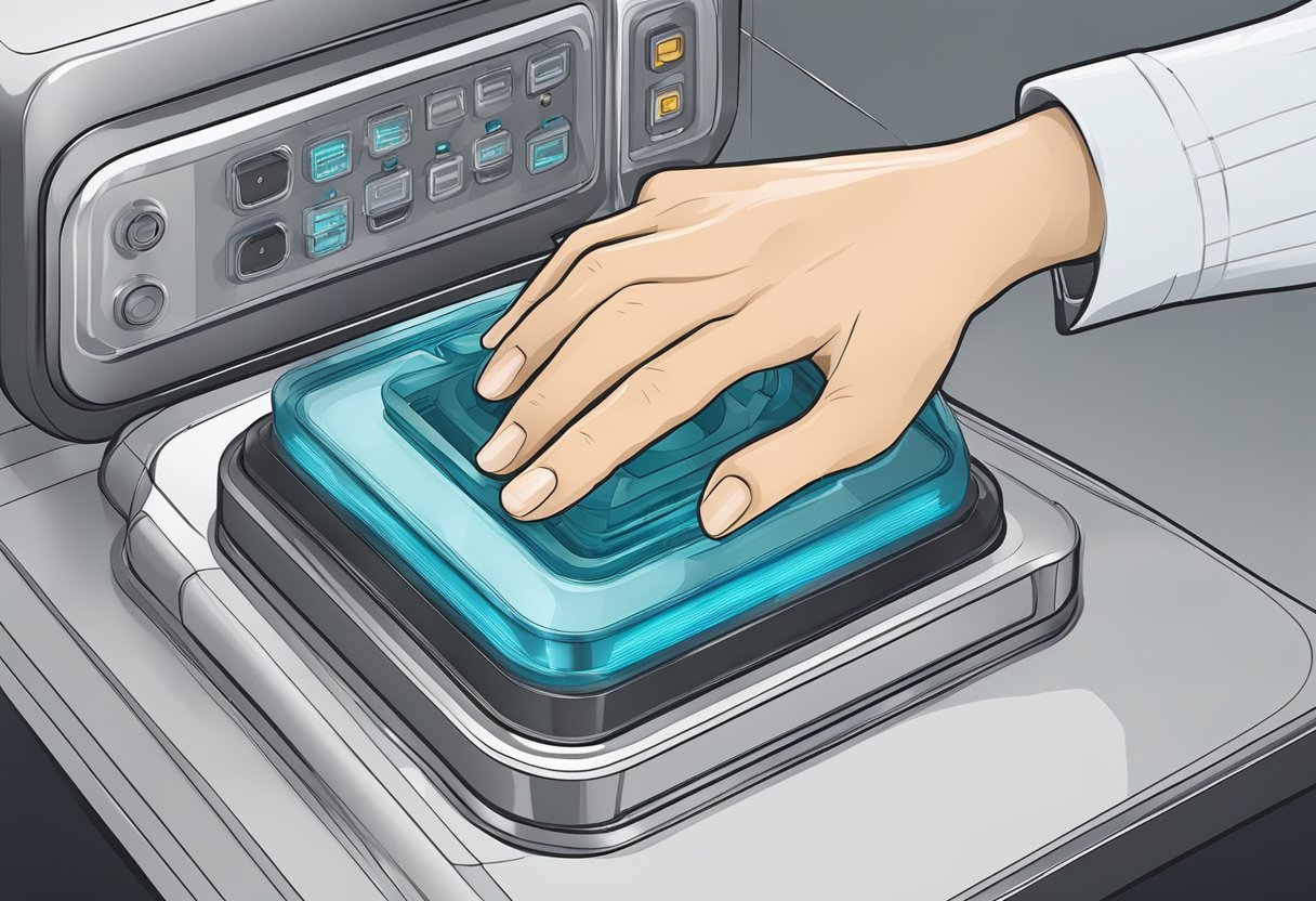 A hand presses a membrane push button, customizing its design