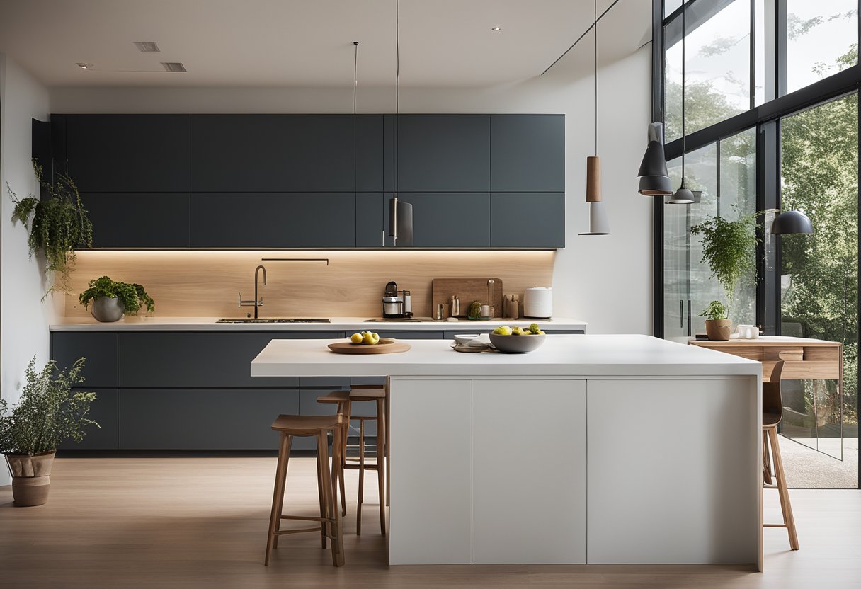 A sleek, minimalist kitchen with clean lines and natural materials. Open shelving, a large island, and ample natural light create a serene, modern space