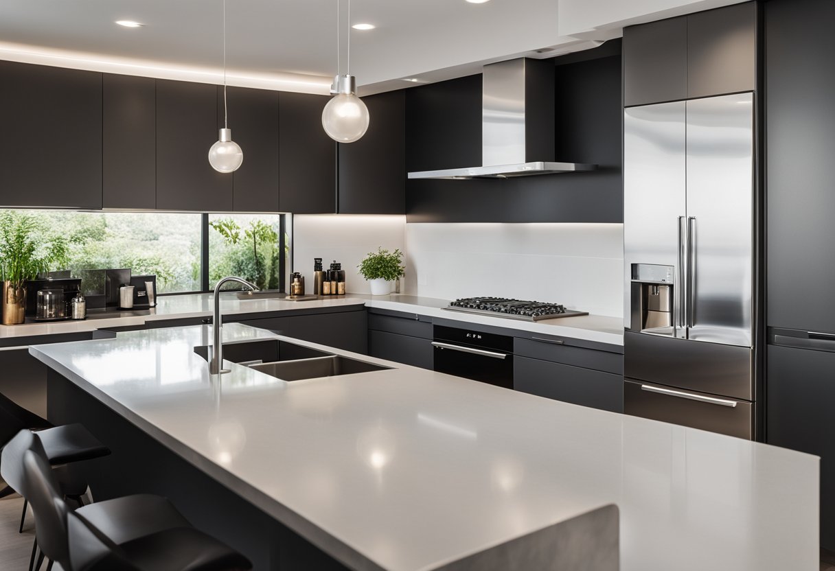 A modern kitchen with sleek cabinets and countertops, featuring clean lines and minimalist design