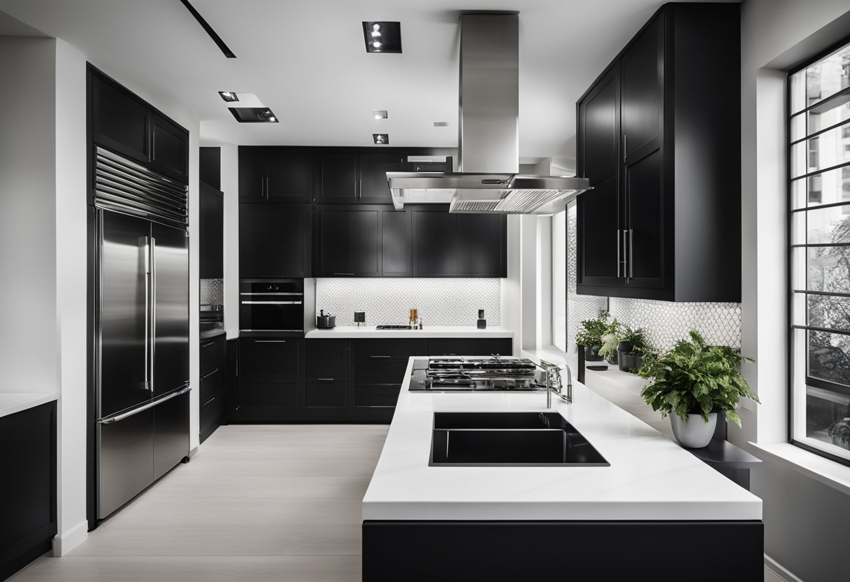 A sleek black and white kitchen with modern appliances and clean lines