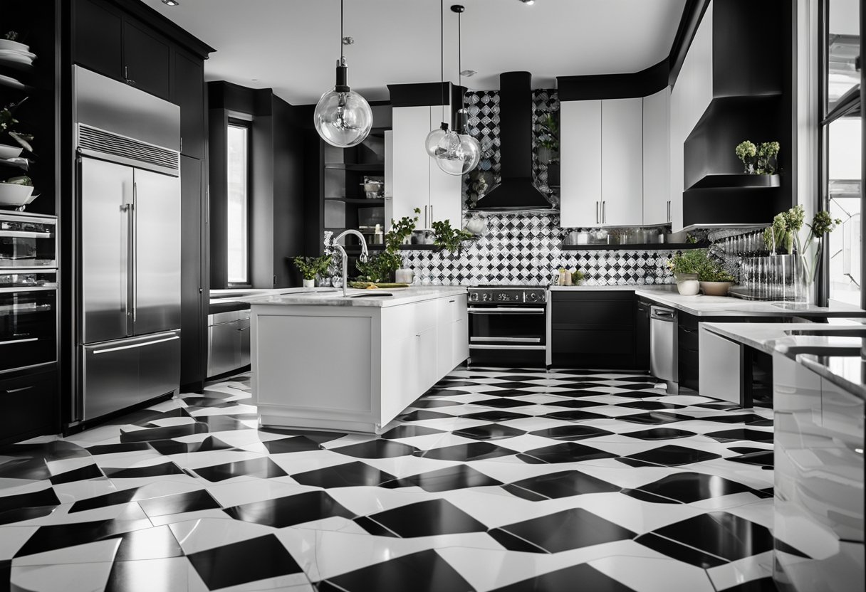 A sleek black and white kitchen with marble countertops, stainless steel appliances, and geometric patterned floor tiles