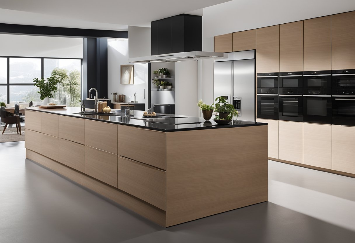 A spacious, minimalist kitchen with clean lines, natural materials, and ample storage. A large island with a sleek, uncluttered surface serves as the centerpiece, surrounded by high-end appliances and integrated lighting