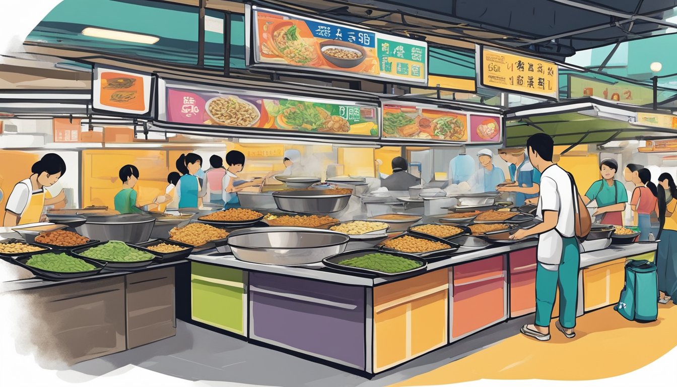 The bustling hawker center in Toa Payoh is filled with the aroma of sizzling woks and the sound of clinking cutlery. Various food stalls offer a colorful array of local delicacies, from steaming bowls of noodles to