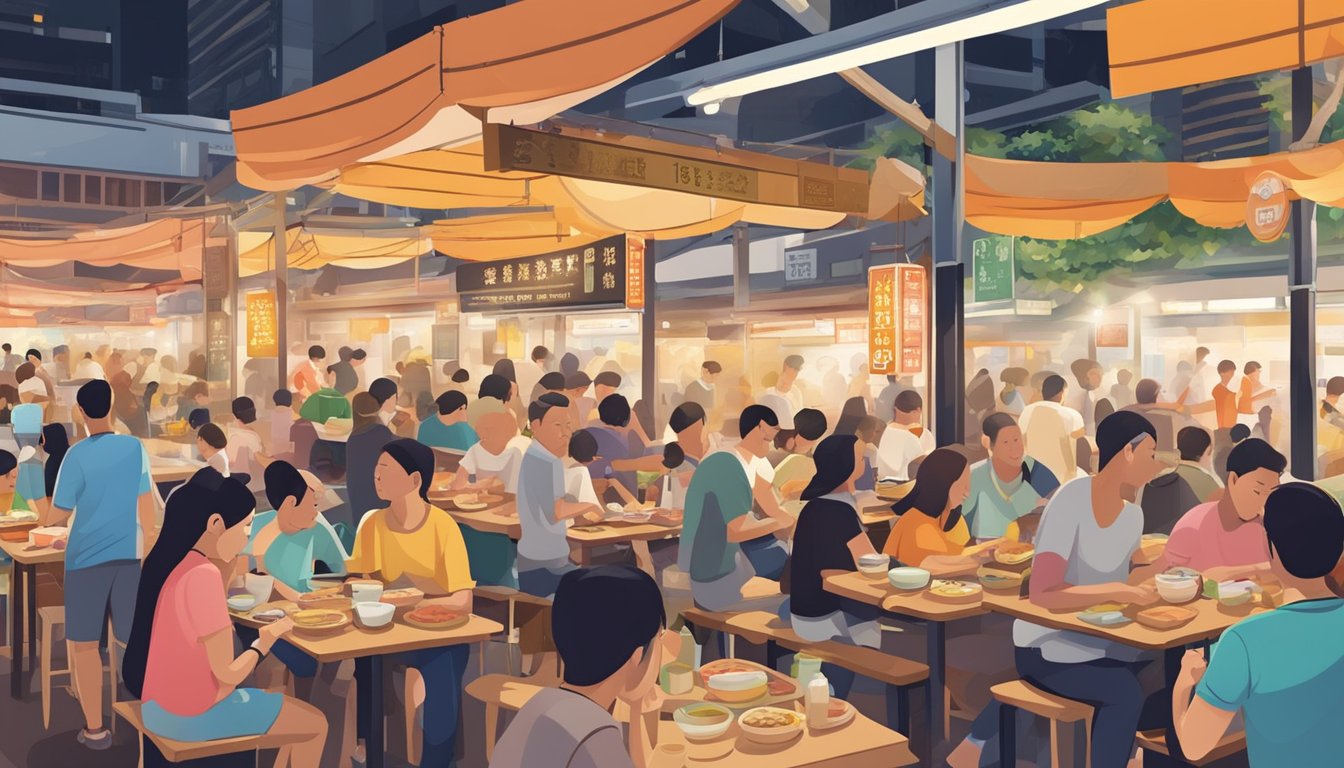 A bustling hawker center in Toa Payoh, filled with diverse food stalls and bustling with customers enjoying a variety of local dishes