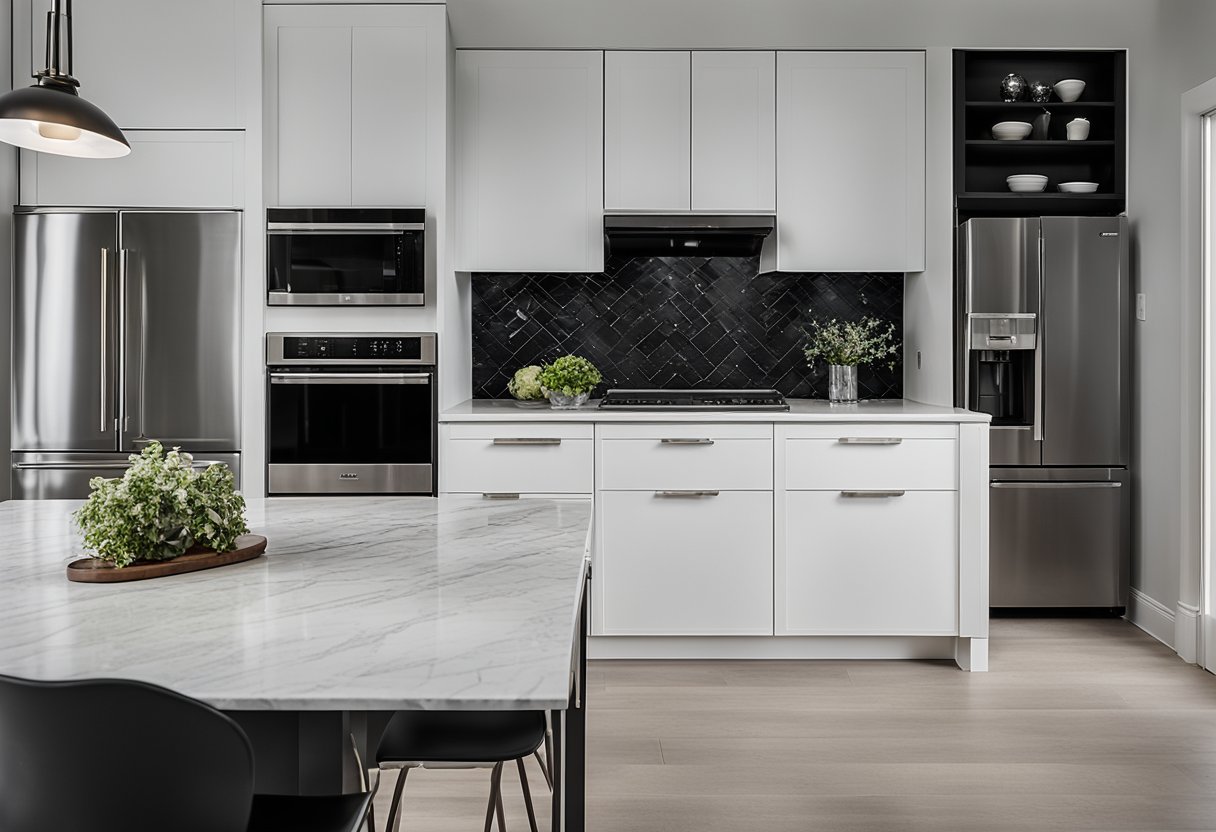 A sleek black and white kitchen with clean lines and minimalist decor. Stainless steel appliances and marble countertops add a touch of elegance