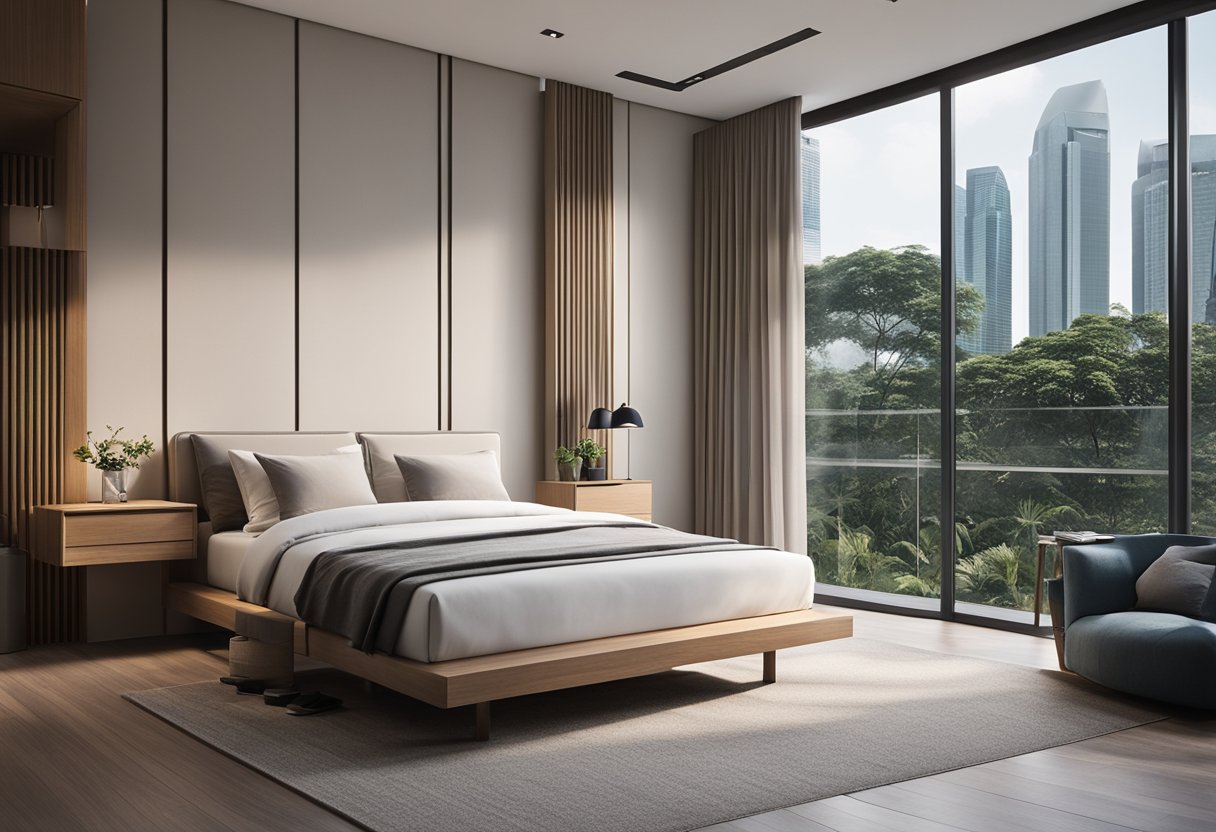 A modern bedroom in Singapore with a sleek wooden bed, matching nightstands, and a minimalist dresser. The room is bathed in soft, natural light from large windows, creating a serene and inviting atmosphere