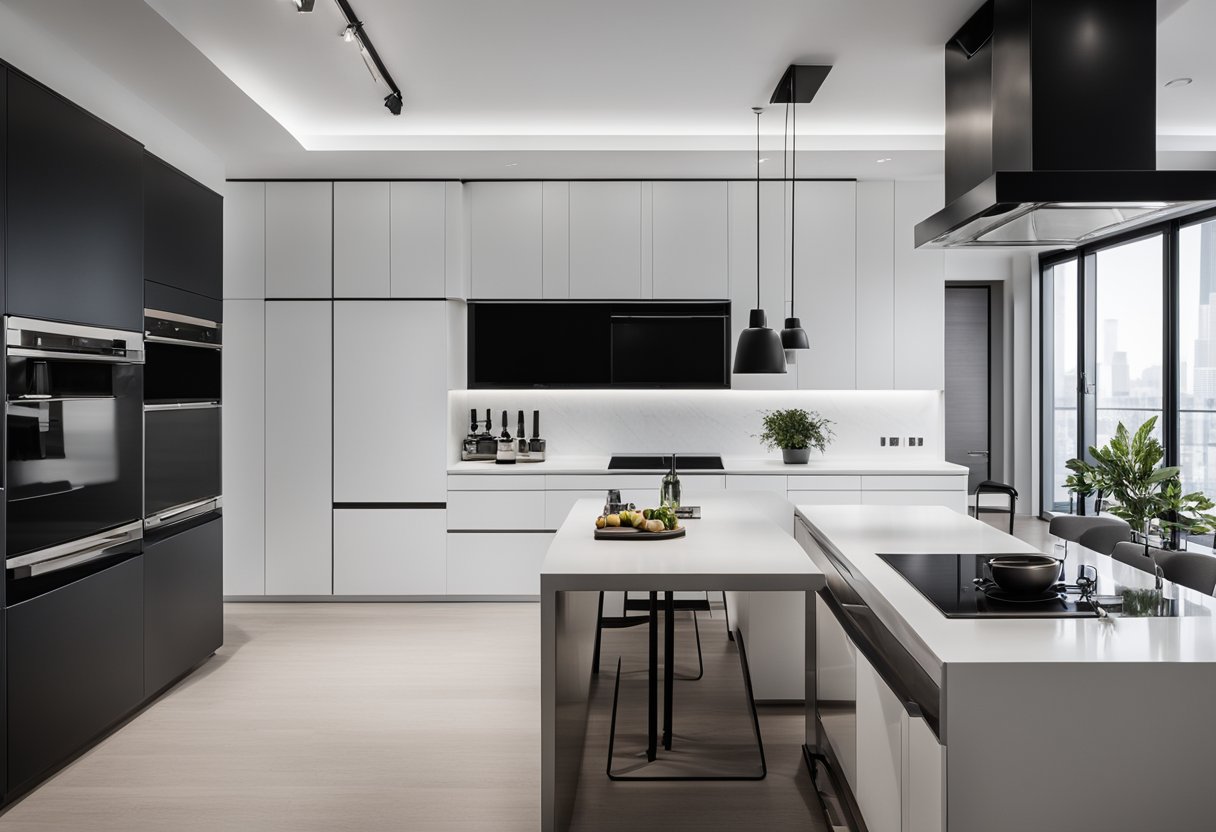 A modern, minimalist kitchen with black and white color scheme, clean lines, and sleek appliances