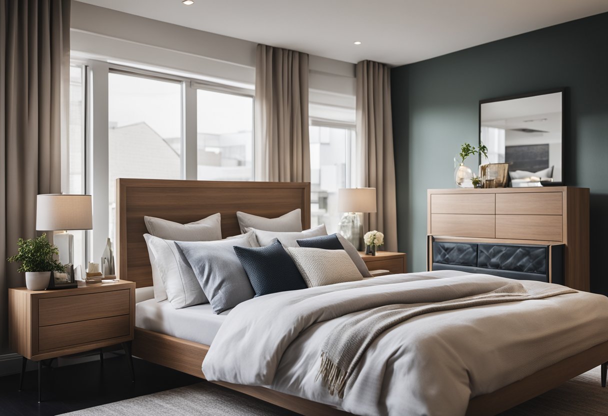 A cozy bedroom with a modern furniture set, including a sleek bed, matching nightstands, and a stylish dresser with a mirror. The room is well-lit with natural light streaming in through the window