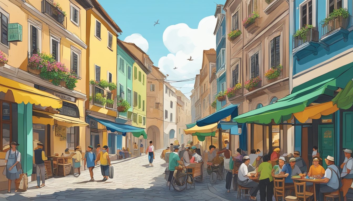 A bustling street in the old quarter, with a sign reading "Don Duck Restaurant." Colorful buildings line the narrow road, with locals and tourists milling about