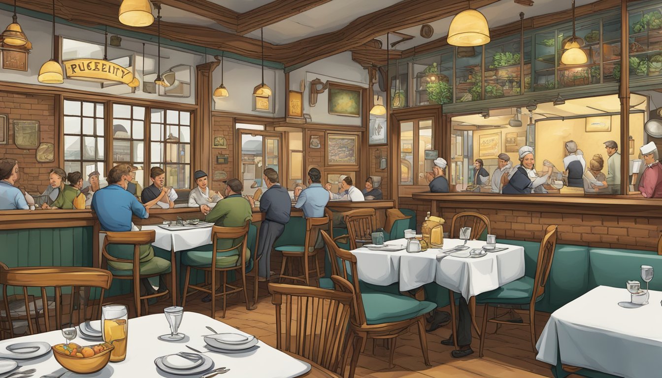 A bustling old quarter restaurant with a sign reading "Frequently Asked Questions" and a duck dish on the menu