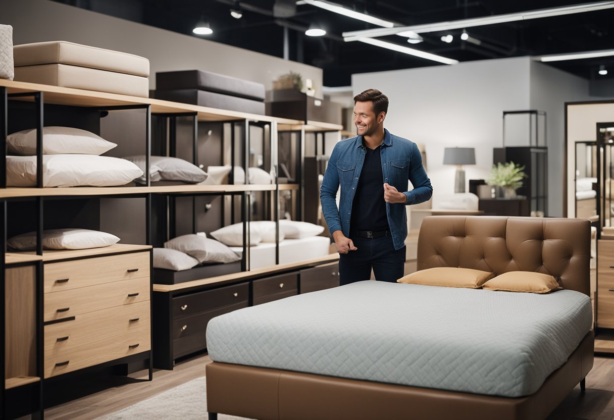 A customer selects and buys bedroom furniture sets in a showroom. Later, a delivery person assembles and arranges the furniture in the customer's bedroom