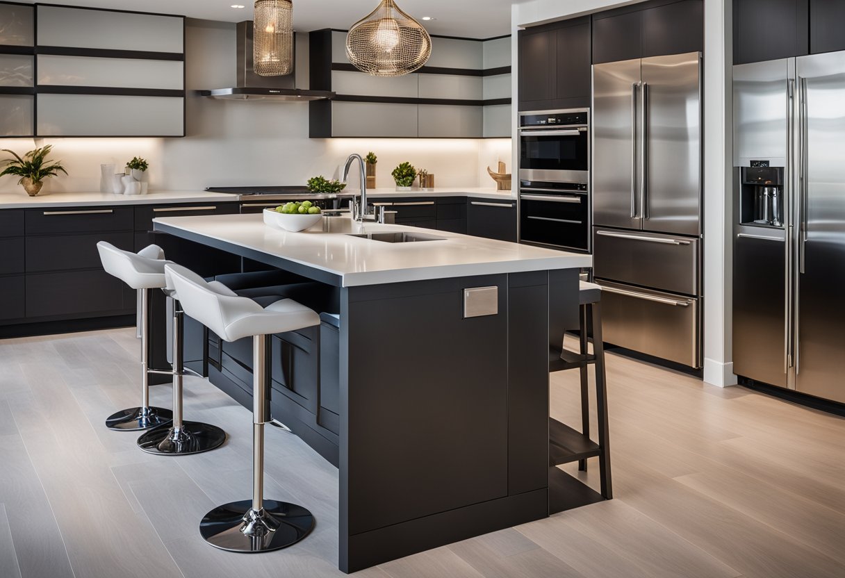 A kitchen island with a sink and dishwasher, surrounded by sleek countertops and modern cabinetry, creating a functional and stylish focal point in the kitchen