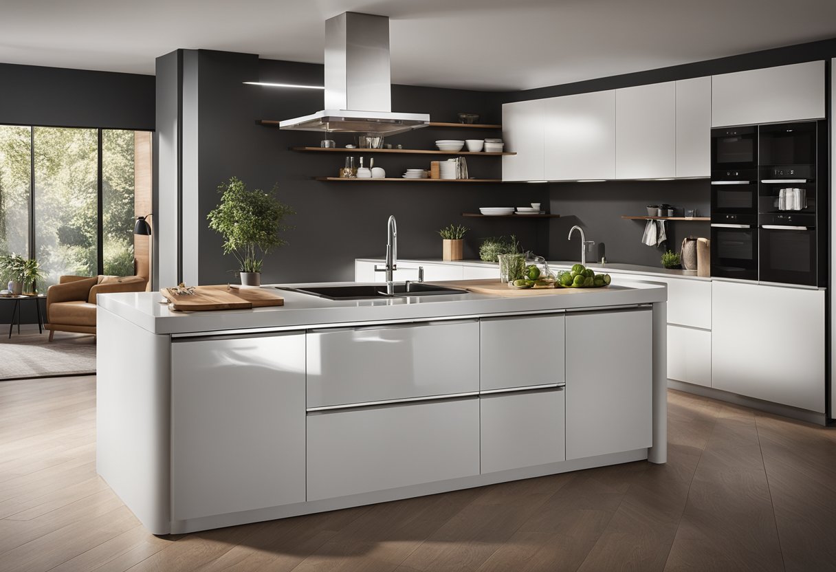 A modern kitchen island with a built-in sink and dishwasher, sleek and functional in design
