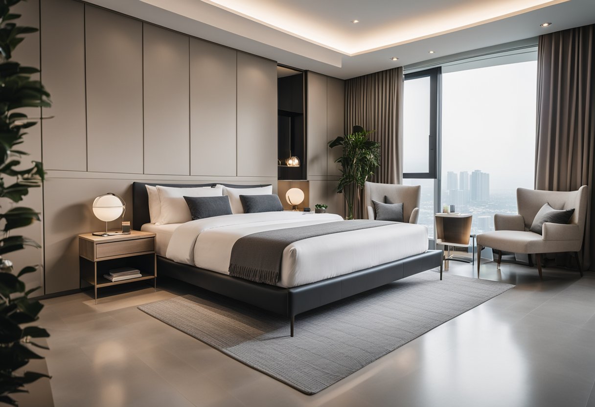 A modern bedroom with sleek furniture sets in Singapore. Clean lines, neutral colors, and minimalistic design