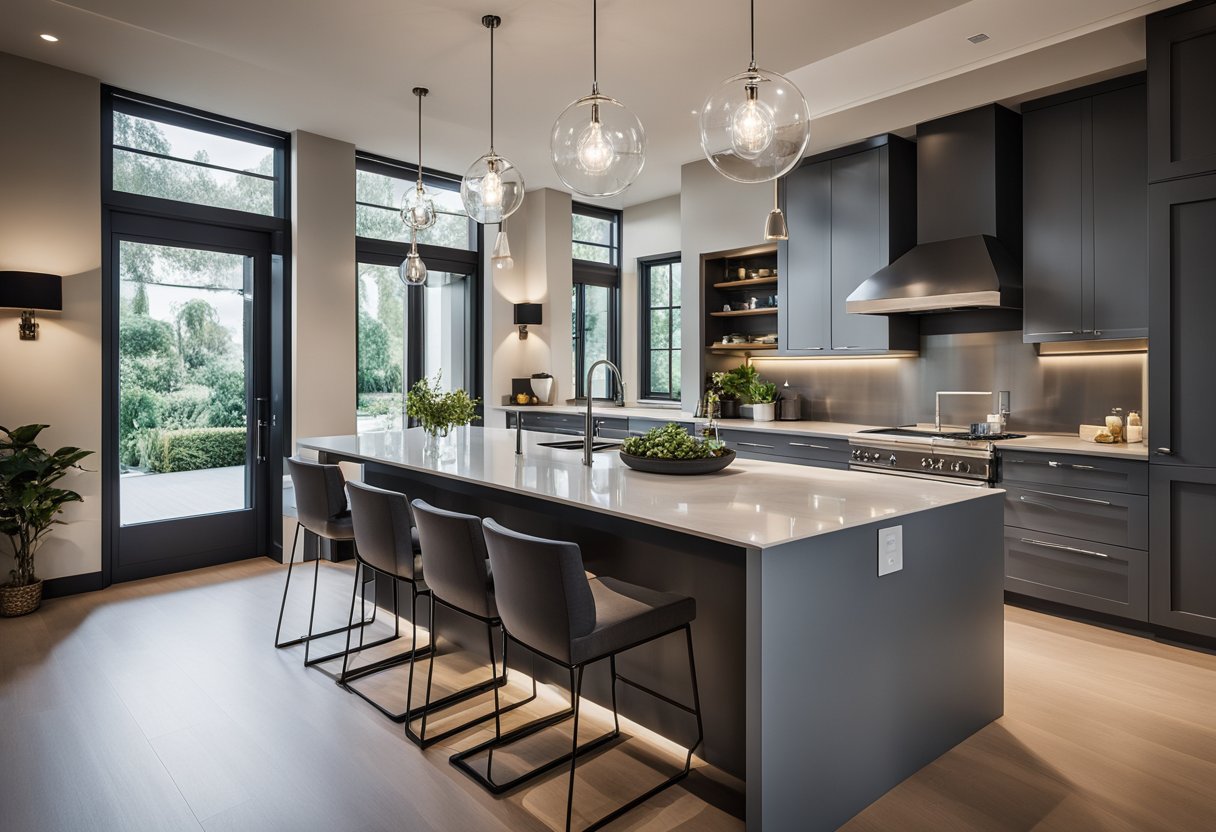 A modern kitchen island with a built-in sink and dishwasher, surrounded by sleek countertops and stylish pendant lighting