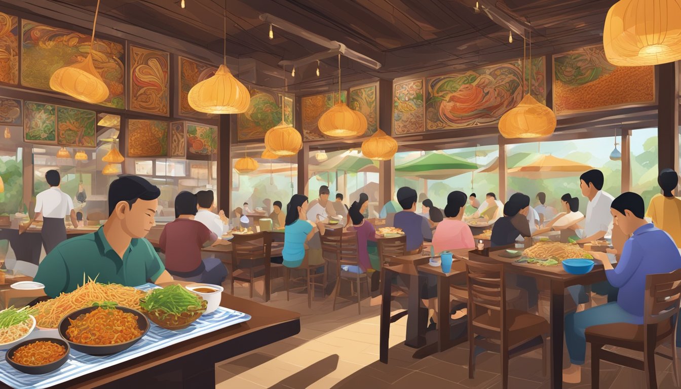 A bustling Thai restaurant with colorful decor, steaming plates of pad thai, and aromatic spices filling the air