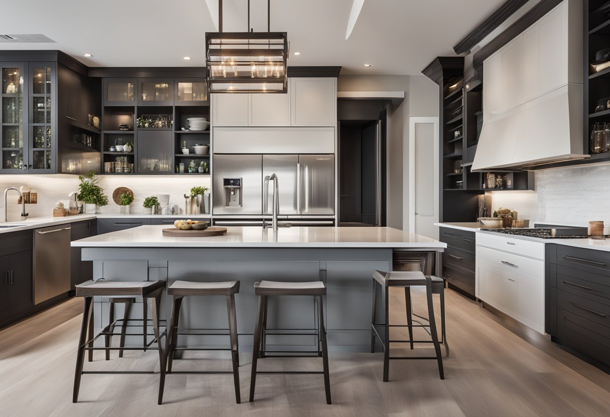 A spacious open concept kitchen with modern fixtures and ample natural light, featuring a sleek island with a built-in stove and a large pantry for storage