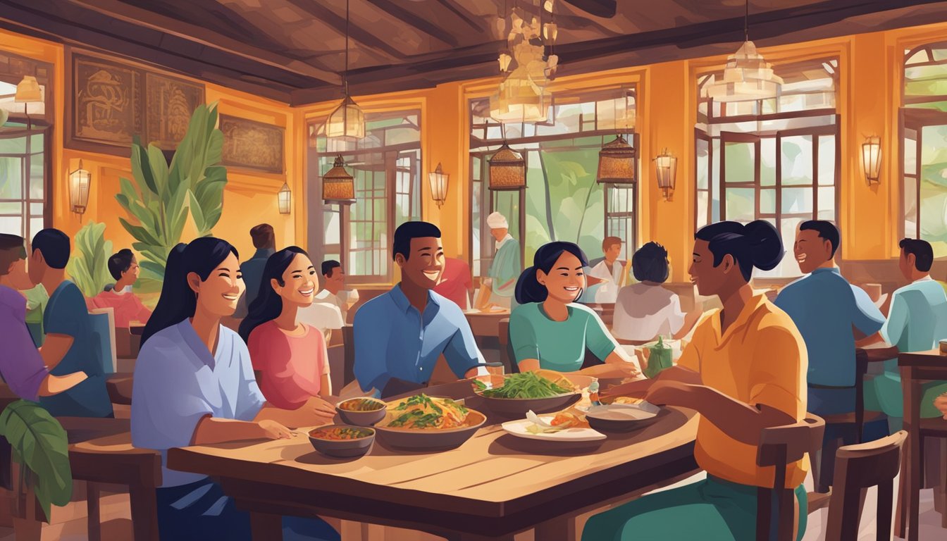 Customers sit at tables, enjoying vibrant decor and traditional Thai cuisine. A waiter takes orders while others chat and laugh