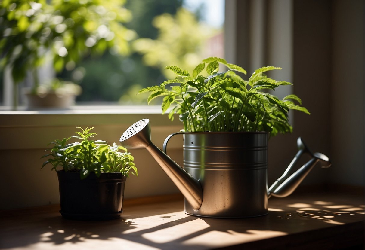 Lush green plants sit on a sunny windowsill, casting shadows on the floor. A watering can and small trowel rest nearby