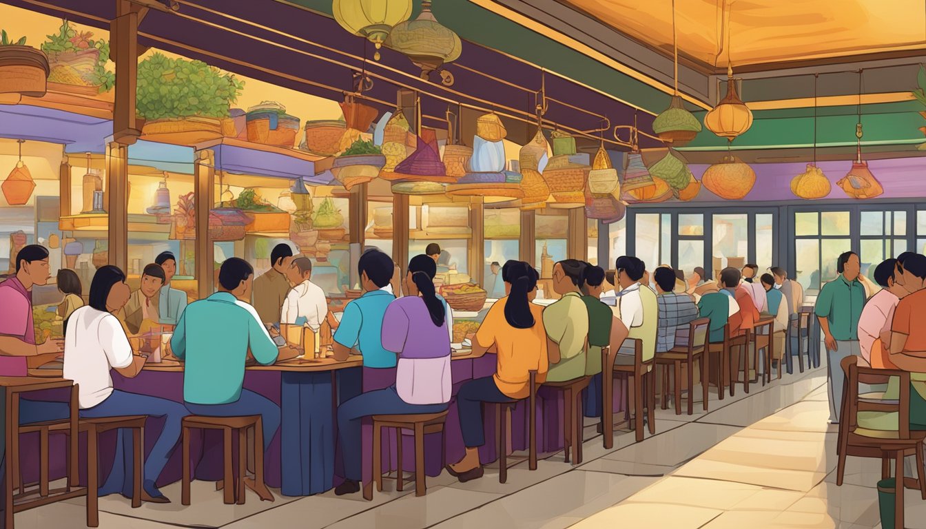 Customers line up at a busy Thai restaurant, reading a large "Frequently Asked Questions" sign. The aroma of spices fills the air as servers bustle around the colorful dining area