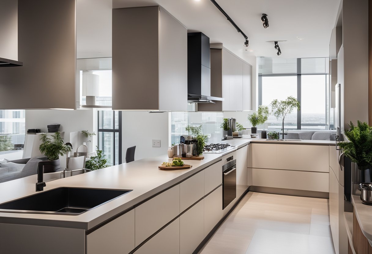 An open-concept 3-room BTO kitchen with sleek countertops, modern appliances, and ample storage. Light floods in through large windows, illuminating the spacious and functional layout