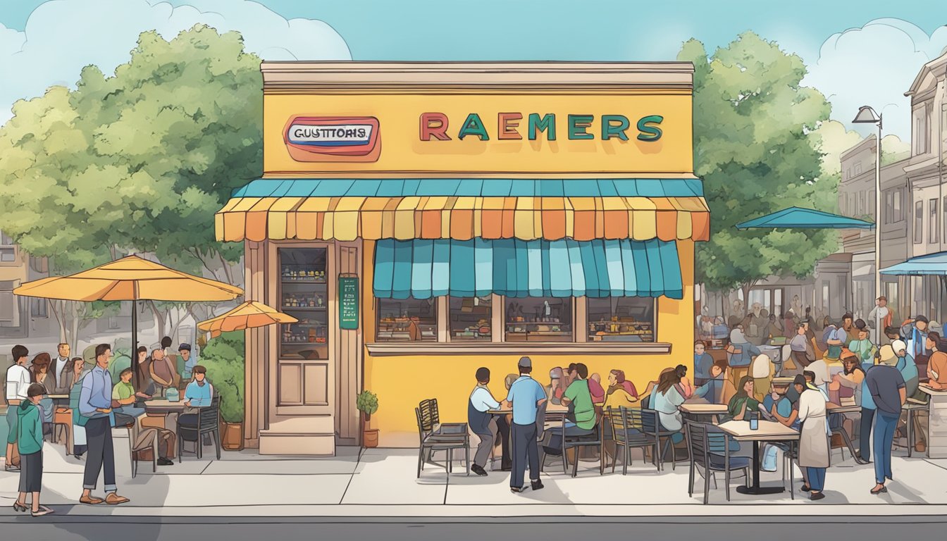 A bustling restaurant with a colorful sign, outdoor seating, and a line of customers waiting to enter