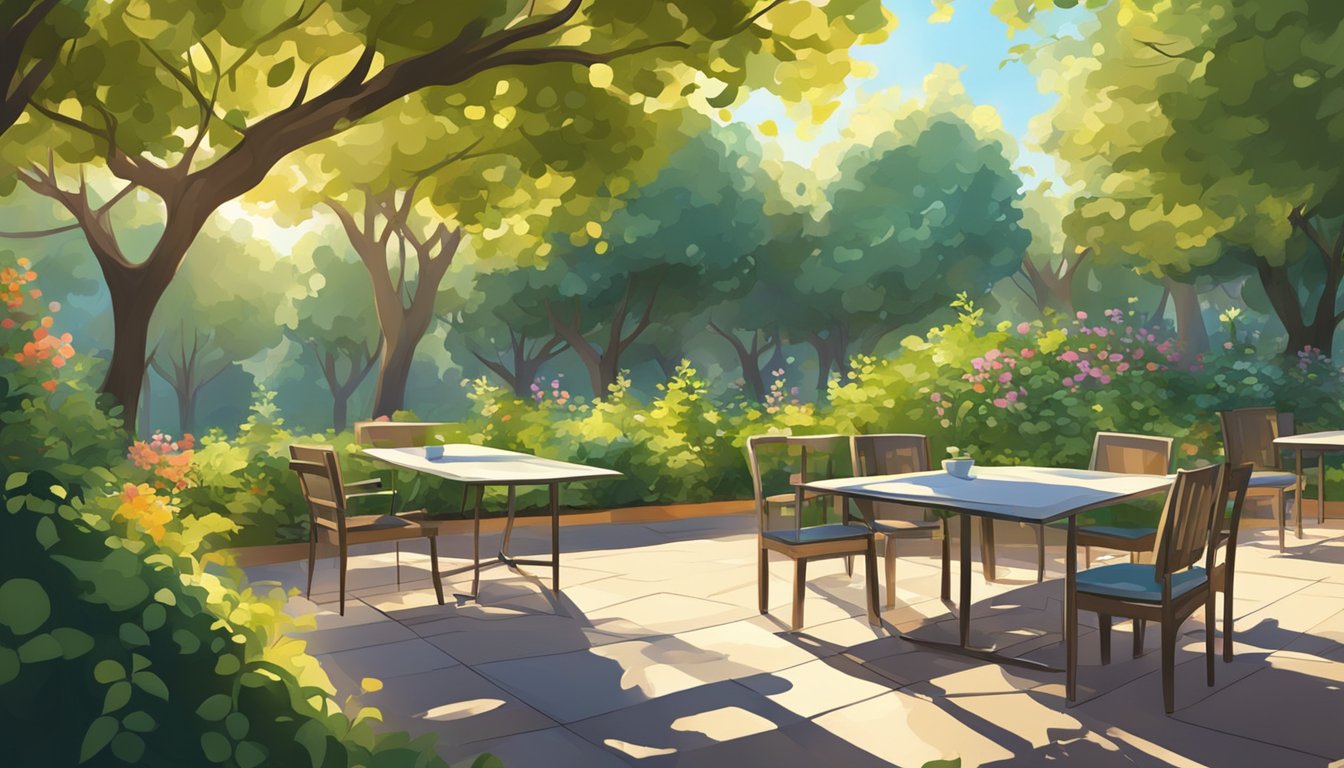Lush garden on hilltop, with tables and chairs. Sunlight filters through trees, casting dappled shadows. A gentle breeze rustles the leaves