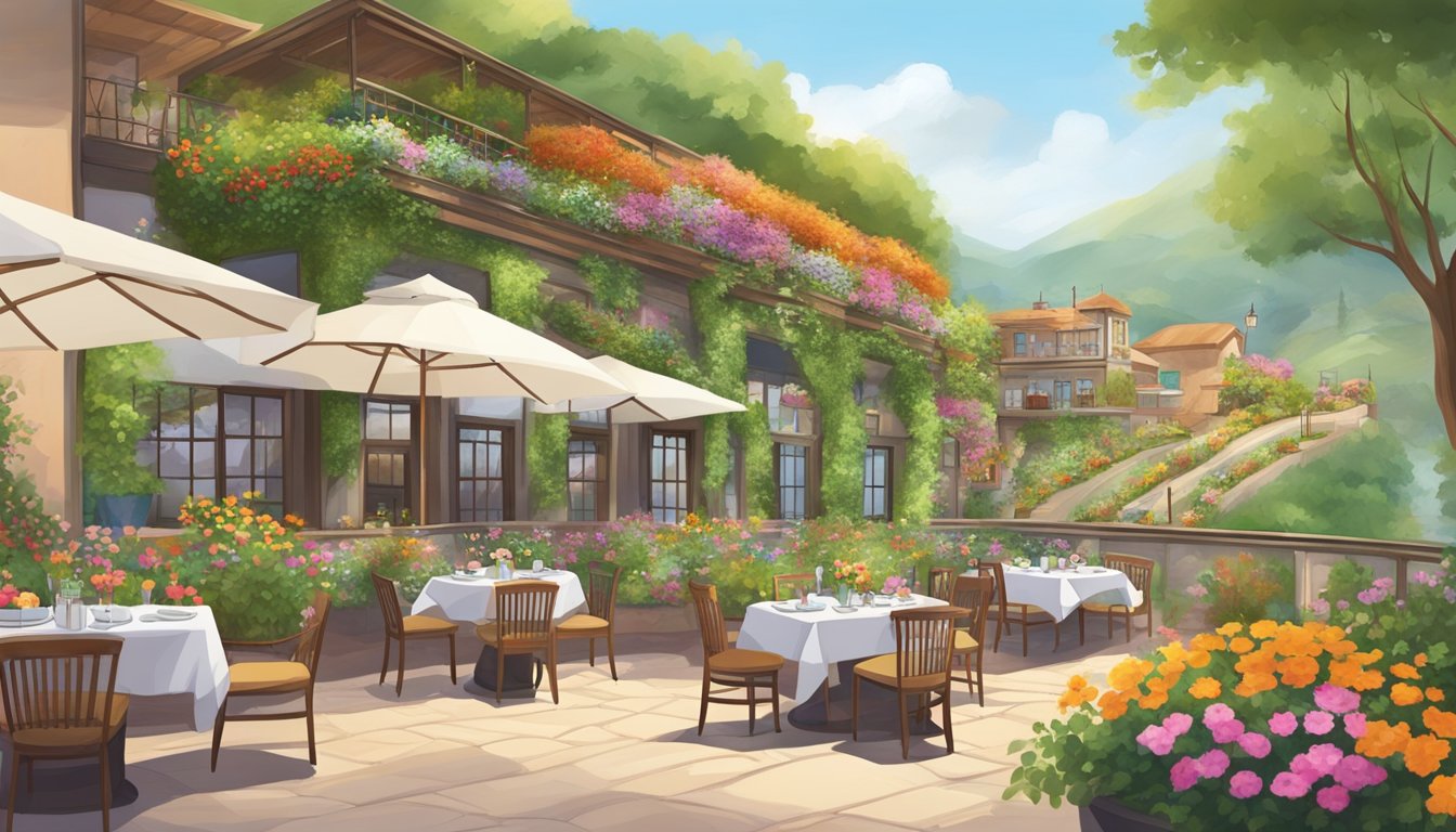A hilltop garden restaurant with lush greenery, colorful flowers, and cozy seating areas, offering a serene and picturesque dining experience