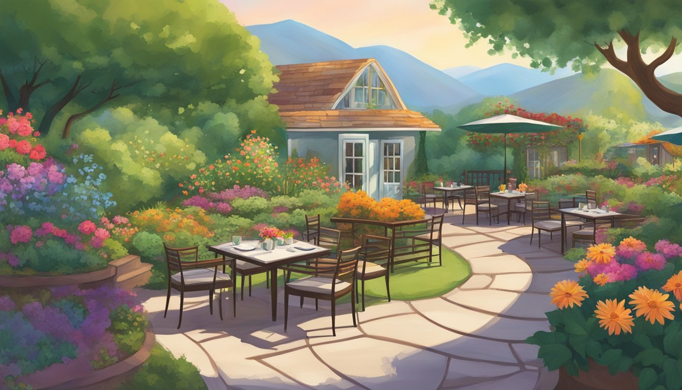 Lush hilltop garden with vibrant flowers, winding pathways, and cozy outdoor dining area at Culinary Delights restaurant