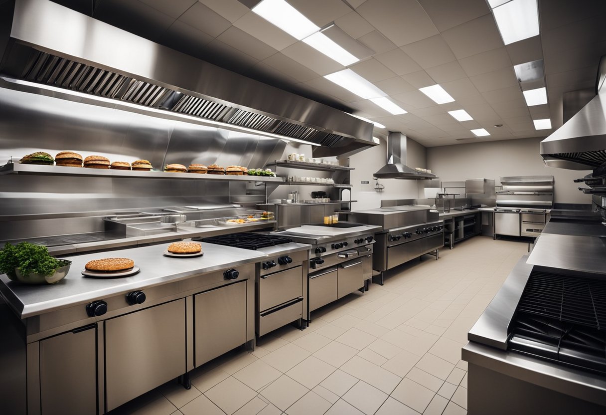 A modern burger kitchen with stainless steel appliances, industrial lighting, and a large grill. Open shelving displays condiments and kitchen supplies